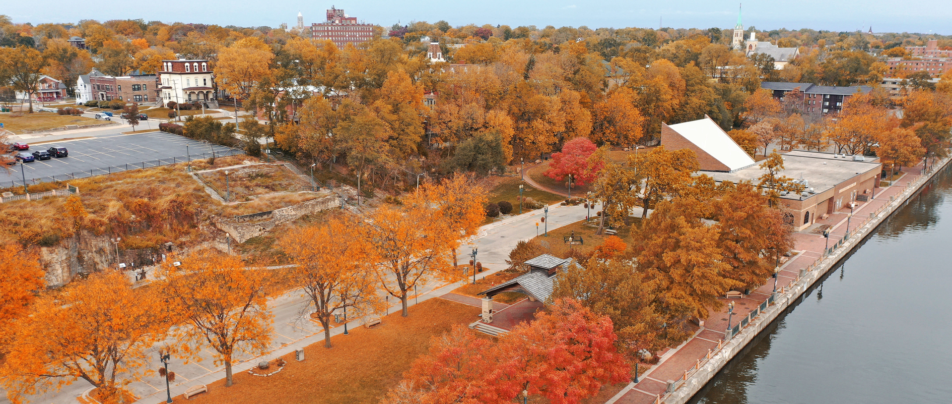 Aerial view of Billie Limacher Bicentennial Park in the fall